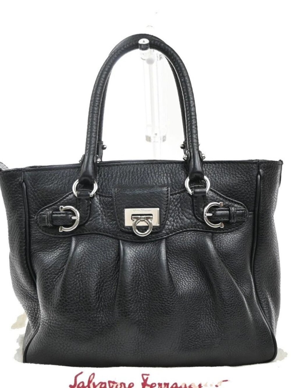 SALVATORE FERRAGAMO Logo Gancini Hand Bag Leather Black SHW Italy 36EG392